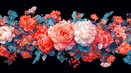 Fototapeta premium Vintage pink floral border, seamless design featuring delicate roses and leaves, ideal for wedding invitations, fabric patterns, and decorative card accents in soft pastel hues.