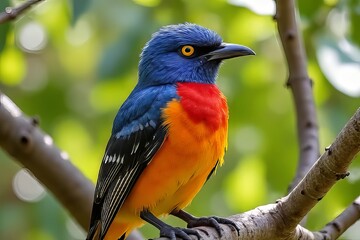 Obraz premium Vibrant Blue and Orange Bird Perched on Branch in Nature