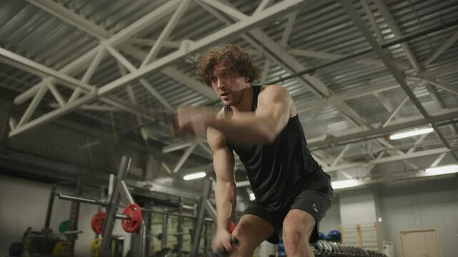 Strong male athlete doing battle rope alternating waves exercise during functional training session in gym. Zoom-in shot
