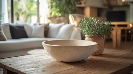 Fototapeta premium Rustic Wooden Bowl on Table with Cozy Living Room Background