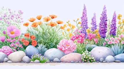 Obraz premium Psychedelic Folk Art Blooms and Stones, vibrant flowers and textured rocks intertwine in a whimsical watercolor composition, showcasing a dreamy, soft-focus aesthetic.