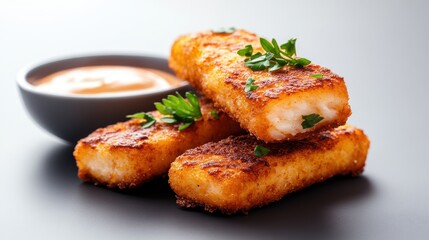 Crispy fish finger sticks garnished with fresh parsley on a white background