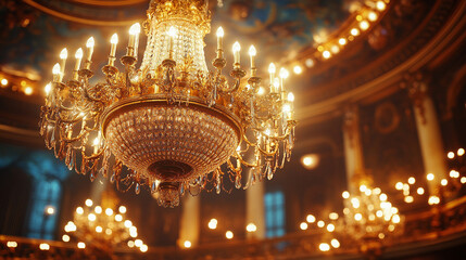 Obraz premium A luxurious chandelier with intricate details hangs from the ceiling in a grand room, casting a warm glow. The elegant design and modern craftsmanship symbolize sophistication and prestige