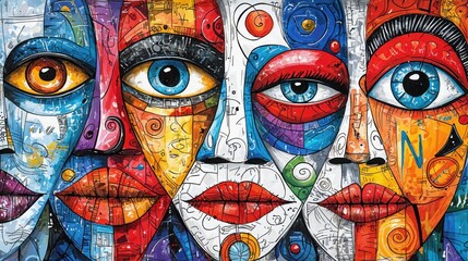 A stunning mural showcases vibrant faces with expressive eyes and bold colors, capturing the essence of cultural diversity and artistic creativity in an urban landscape.
