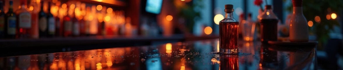Wet bar counter with bottle of dark liquid and bokeh lights, wet bar, dim lighting, evening ambiance