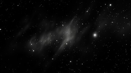 Fototapeta premium A stunning black-and-white depiction of a cosmic scene, showcasing star clusters and interstellar clouds against a dark backdrop.