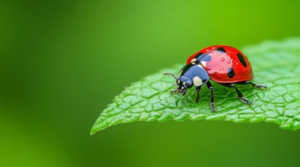 Fototapeta premium A close-up of a vibrant ladybug perched on a green leaf with a blurred natural background