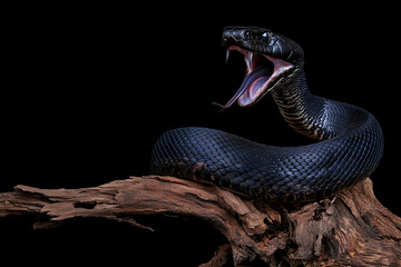 Black Mamba Snake: Full-Body View Coiled on a Tree Branch Against a Dramatic Black Background, Showcasing Its Sleek Elegance, Power, and Lethal Beauty