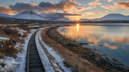 Sunset over Icelandic Lake and Railway
