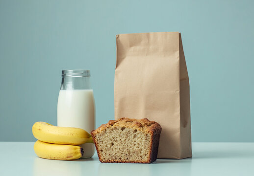 Freshly Baked Banana Bread with a Glass of Milk and Bananas