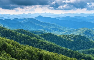 Obraz premium Appalachian Mountain Range View, Cloudy Sky, Forest Covered Slopes