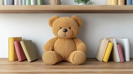 A cozy teddy bear sitting on a wooden shelf surrounded by colorful books in a bright room