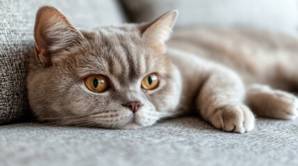 Captivating gaze of a gray cat with striking yellow eyes in a cozy setting