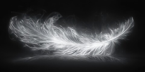Obraz premium Ethereal Feather with Glowing Tendrils and Delicate Plumes Resting Lightly on a Reflective Surface in a Subdued Environment