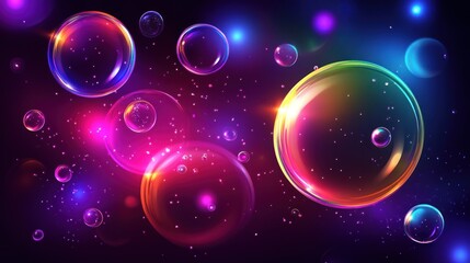 Abstract background with colorful iridescent bubbles floating in a dark space, illuminated by glowing particles.
