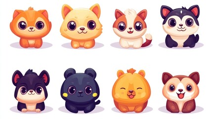 Cute cartoon animal collection, featuring various adorable animal characters like cats and dogs, displayed in a row. 