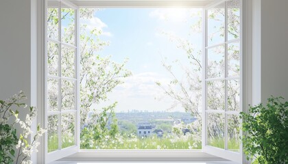 Fototapeta premium Spring view white flower fresh sky from glass window home interior decoration