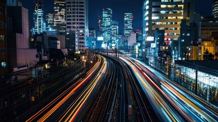 Obraz premium Night Lights of Tokyo: Cityscape and Railway Tracks