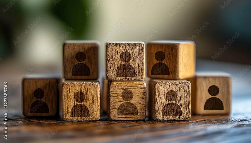 Poster many wooden cubes with people icons on a wooden table, symbolizing interconnectedness and collaborat
