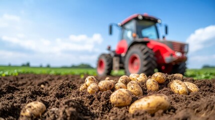 Harvesting fresh potatoes under a bright blue sky on a sunny day
