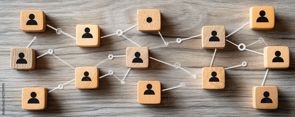 Aufkleber top view of a wooden table with wooden cubes and people icons, illustrating a communication network 