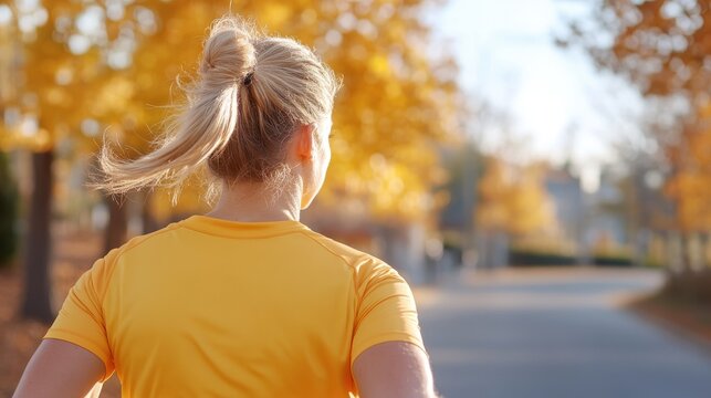 Running joyfully through golden autumn leaves on a bright winterfall day