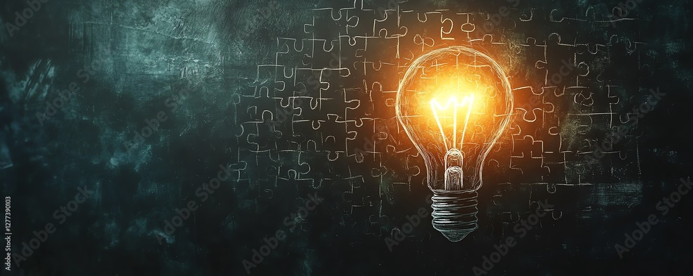 Poster a blackboard with a chalkdrawn puzzle forming into a glowing light bulb, symbolizing problemsolving,