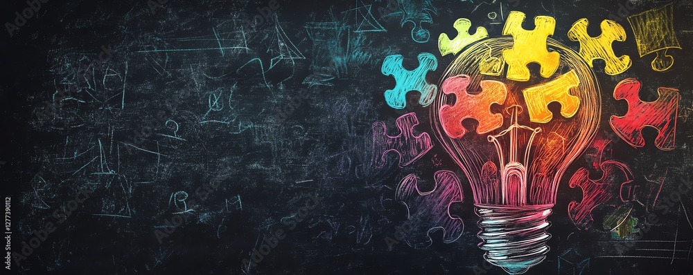 Poster a blackboard with a chalkdrawn puzzle forming into a glowing light bulb, symbolizing problemsolving,