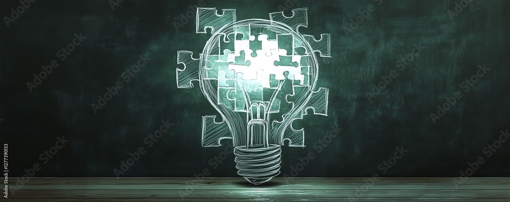 Poster a blackboard with a chalkdrawn puzzle forming into a glowing light bulb, symbolizing problemsolving,