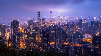 Obraz premium Shanghai Skyline at Dusk: A Panoramic View of China's Vibrant Metropolis