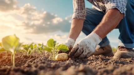 Farmer planting potato seeds in a sunlit field of organic crops
