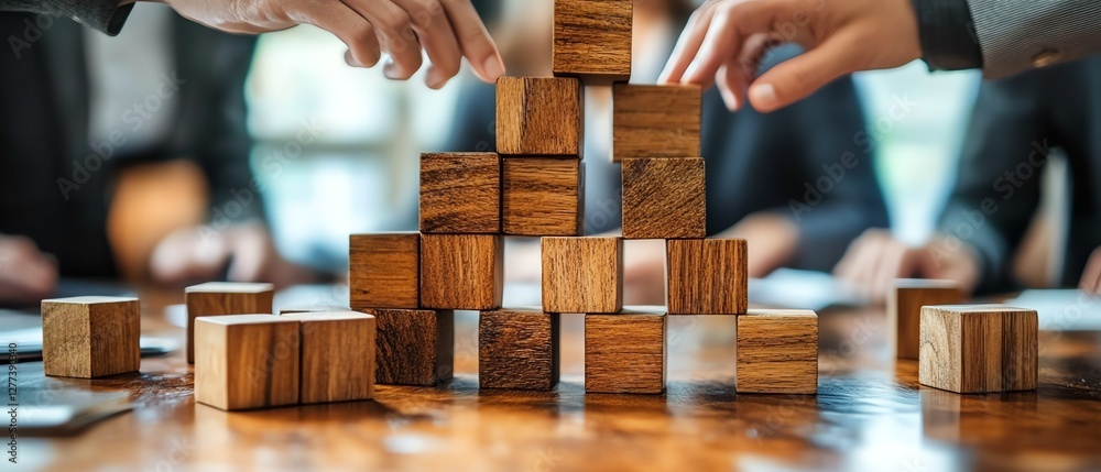 Poster a business team stacking wooden blocks on a table, representing knowledge management, sharing, and c