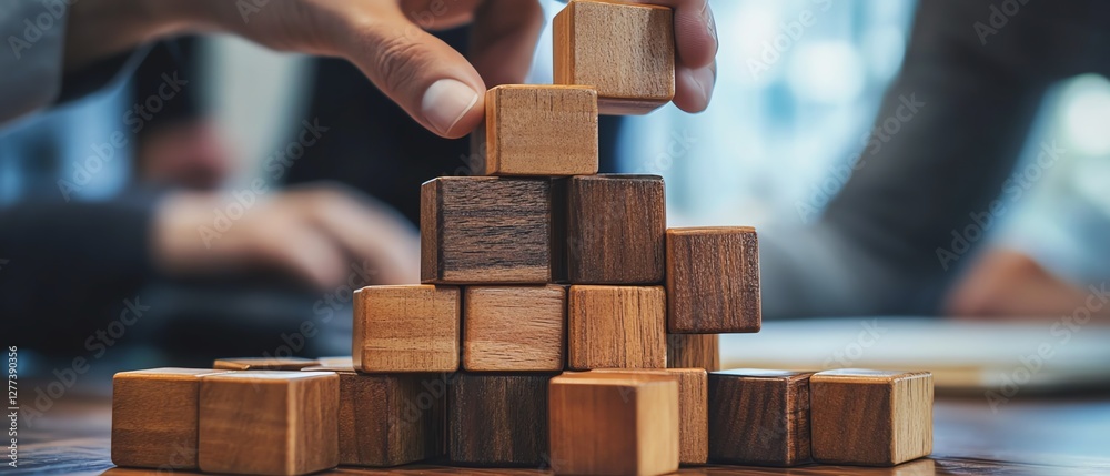 Poster a business team stacking wooden blocks on a table, representing knowledge management, sharing, and c