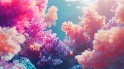 Vibrant coral reef underwater scene with pink, orange, and purple corals.