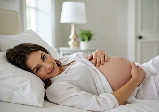 Happy Pregnant Woman Lying Down Relaxing in Comfortable Position - Powered by Adobe