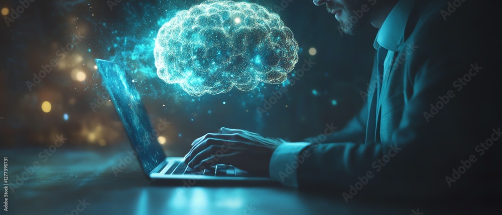 Fototapete A businessperson typing on a laptop with a glowing AI brain hovering above, symbolizing machine learning, data analysis, and artificial intelligence technology