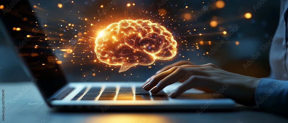 Leinwandbilder a businessperson typing on a laptop with a glowing ai brain hovering above, symbolizing machine lear