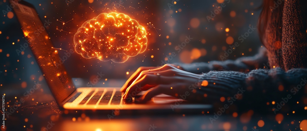Fototapete A businessperson typing on a laptop with a glowing AI brain hovering above, symbolizing machine learning, data analysis, and artificial intelligence technology