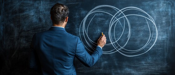 A businessman sketching a Venn diagram with two circles on a blackboard, symbolizing the overlap between business processes and customer needs