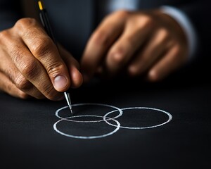 A closeup of a businessman drawing a Venn diagram on a blackboard, showing two circles overlapping to represent business alignment and objectives
