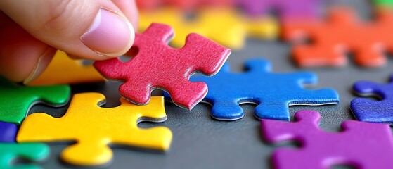 A closeup of hands selecting the final jigsaw puzzle piece and connecting it to complete the team, representing teamwork and strategic human resource management