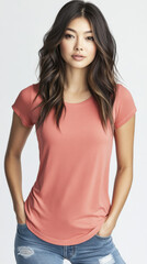 Fototapeta premium Confident young asian woman in casual pink shirt and jeans posing against a light background with wavy hair and casual style