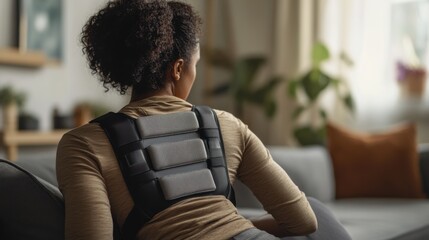 A person wearing a back brace at home, sitting comfortably on a couch. Featuring chronic back pain and support