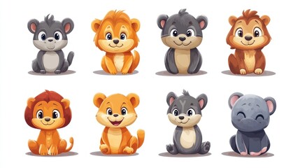 Fototapeta premium Cute cartoon animal cubs collection, various species including lion, bear, and others, sitting, smiling, in a row on a white background.