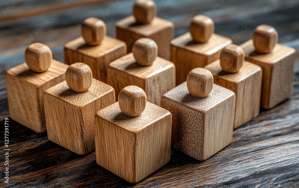 Poster a highangle view of wooden cubes with people icons on a table, symbolizing team communication, organ