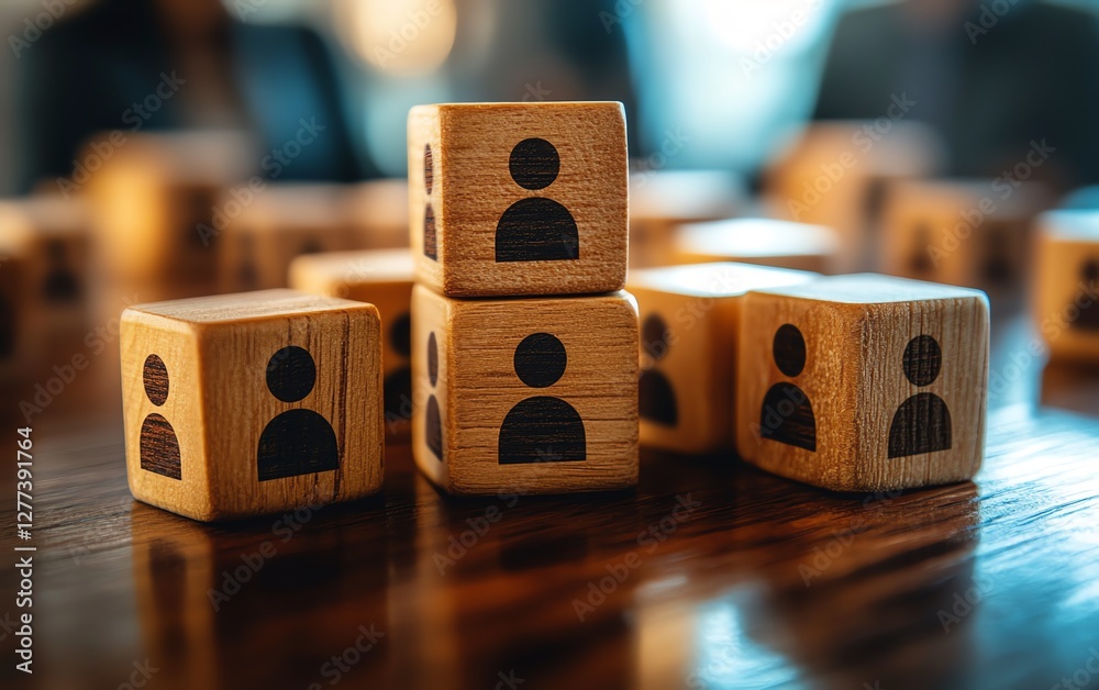 Aufkleber a highangle view of wooden cubes with people icons on a table, symbolizing team communication, organ