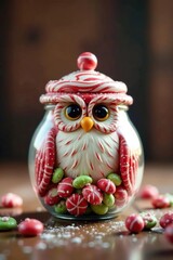 Candy cane owl in a candy jar filled with sweet treats, playful, candy, holiday
