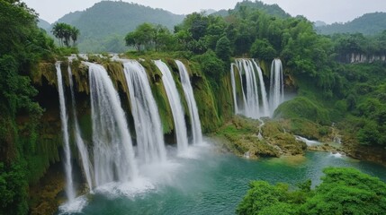 Fototapeta premium Video generation of a cascading waterfall in a lush green jungle. Featuring vibrant nature and refreshing landscapes