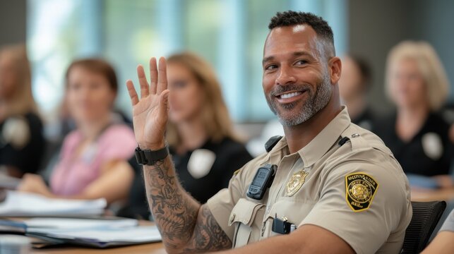 Engaged police officers in training session raising hands for questions