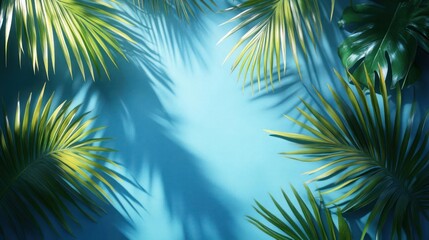 Blue background with palm leaves and shadows